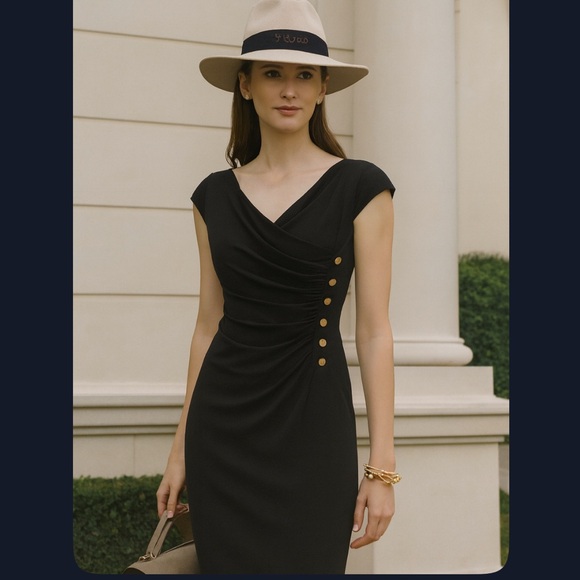 Lauren Ralph Lauren Lined Black Midi Cap Sleeve Sheath Dress Women's Sz 4